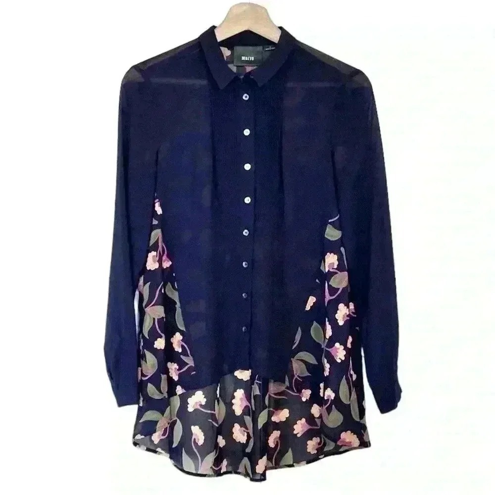 Anthropologie Maeve Ira Button Down Floral Tunic Top Pleated Bib Navy Blue - Picture 2 of 13